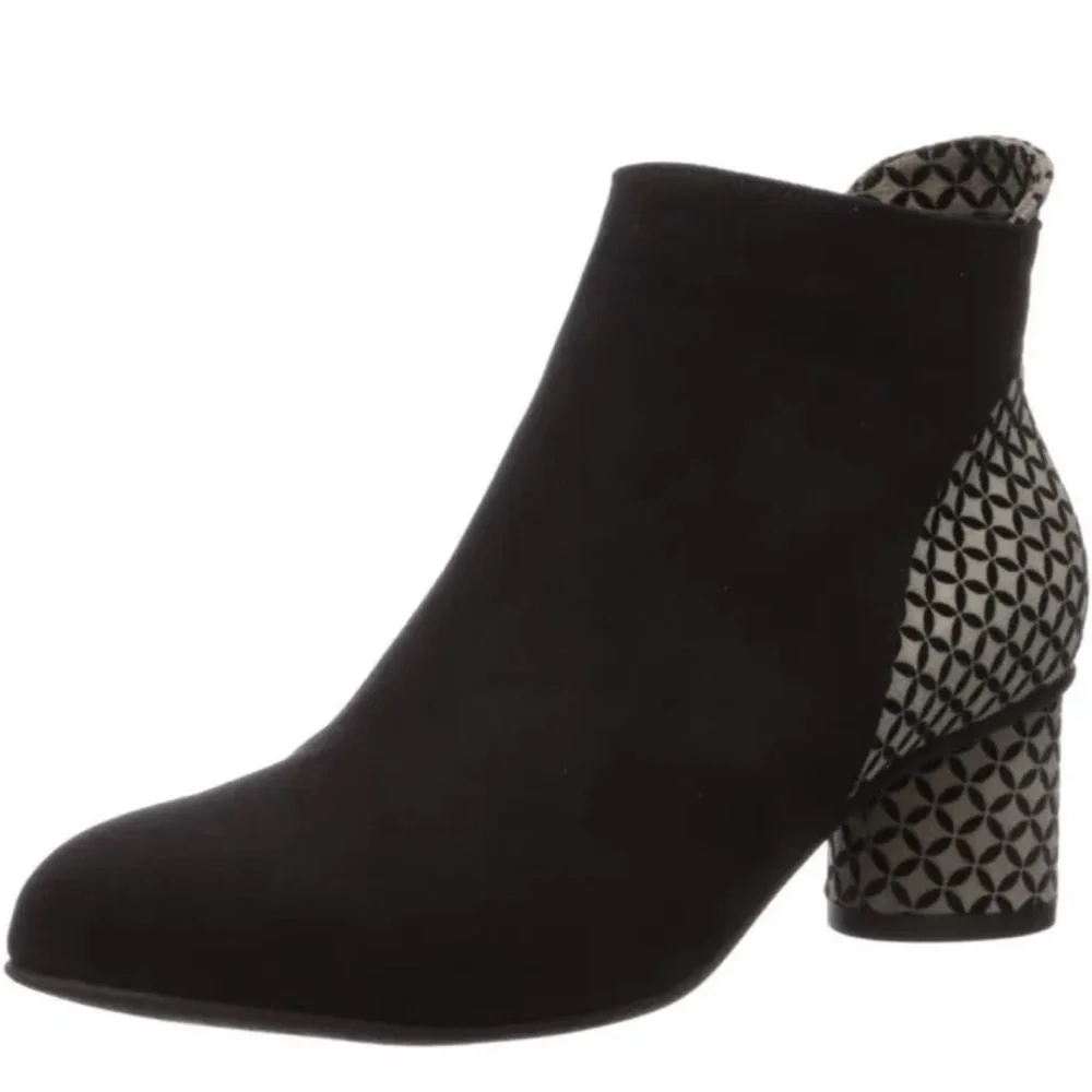 BeautiFeel Women's Dyna Bootie Black Suede Block Heel Grey Velvet Mosaic Zip 36